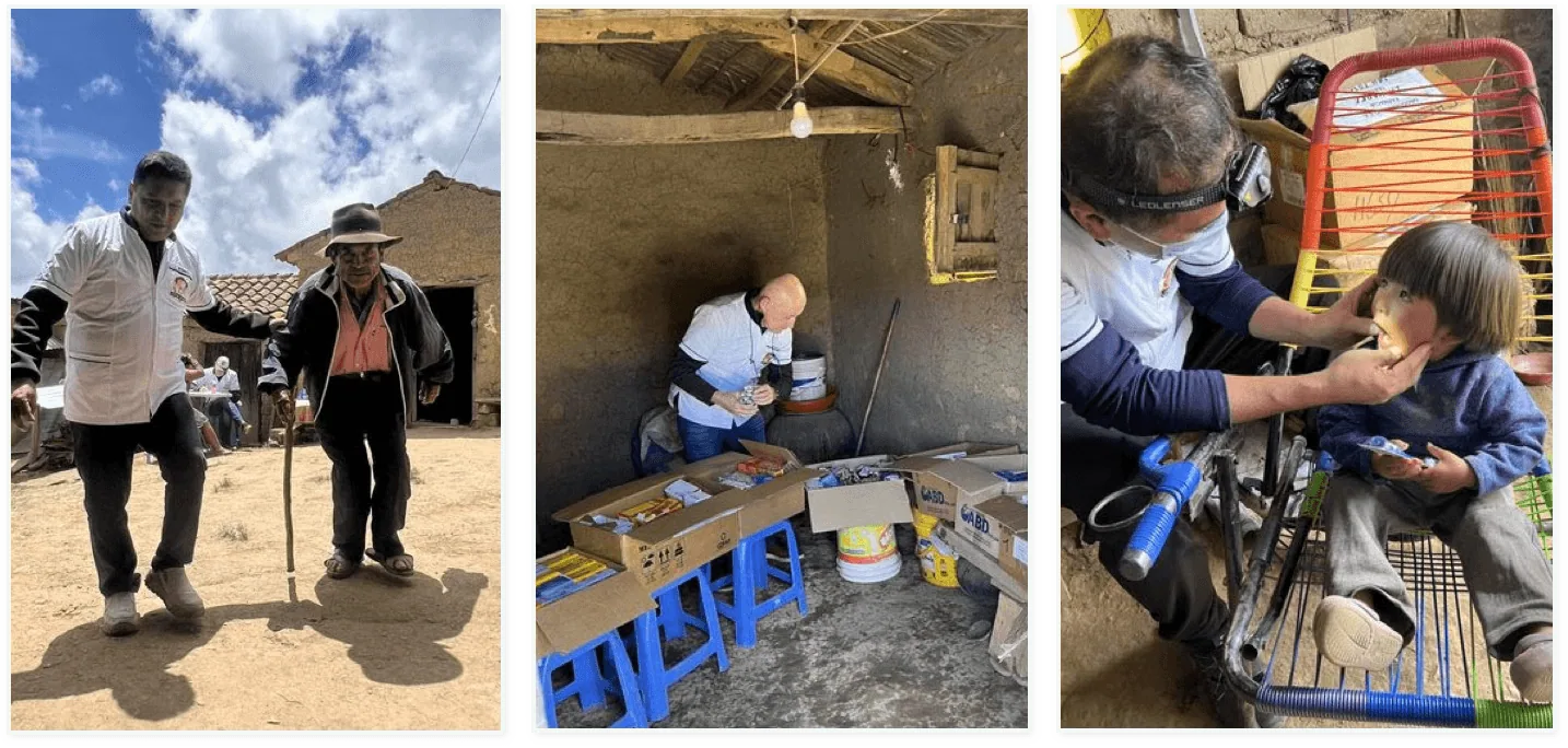Drie foto’s: een arts helpt een oudere man, medicijnen worden klaargelegd en een kind krijgt tandzorg.